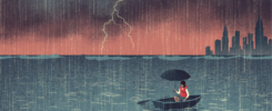 A cartoon of a woman in a row boat as a rain storm floods the city around her